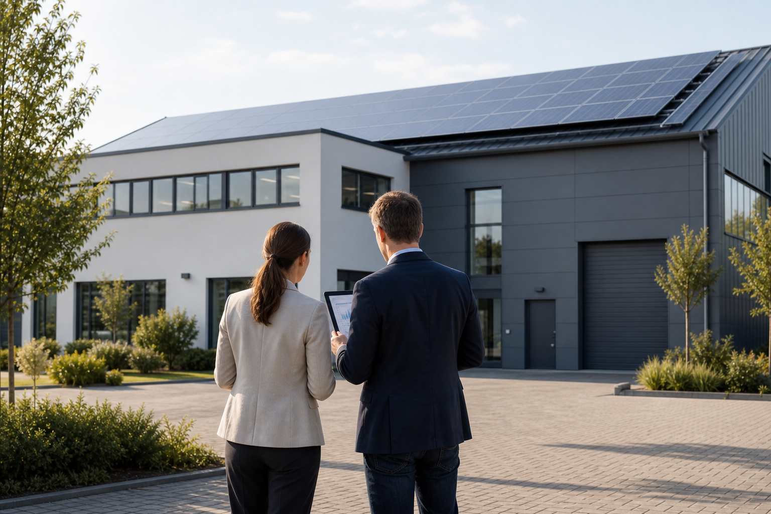 Energieberatung vor einem modernen Gewerbegebäude mit Photovoltaik