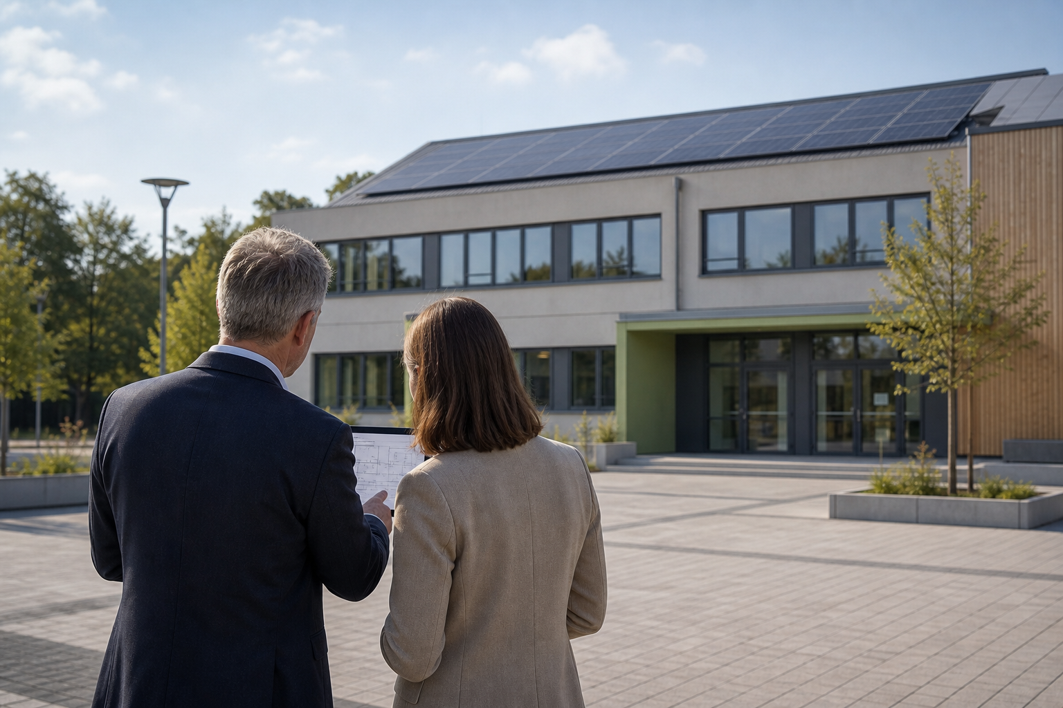 Energieberatung vor einer öffentlichen Einrichtung mit Photovoltaik