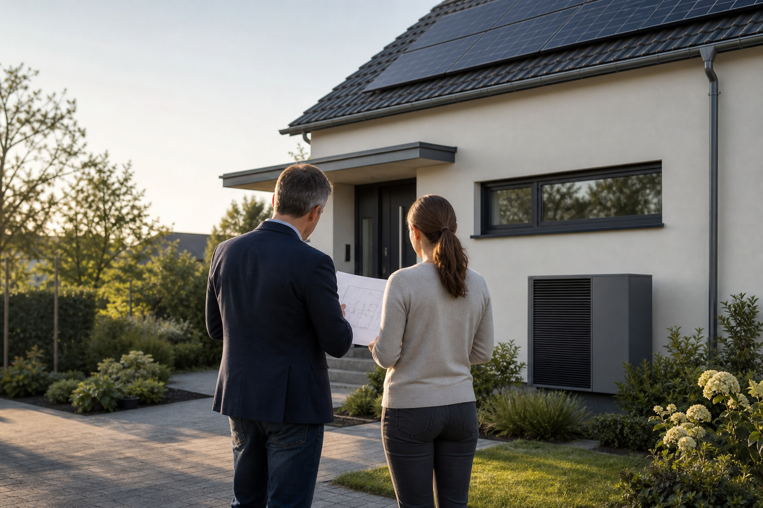 Energieberatung vor einem modernisierten Einfamilienhaus